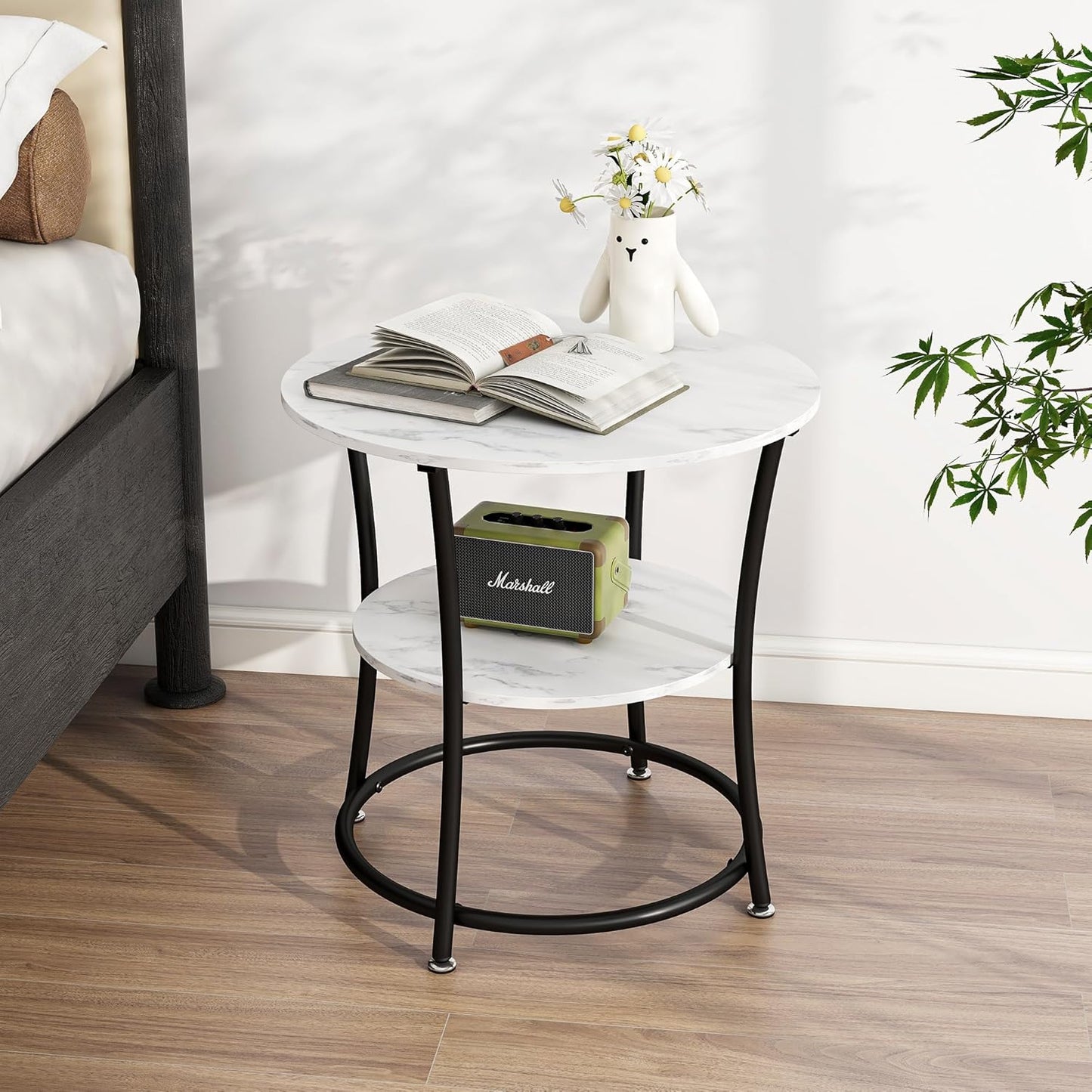 BOFENG Round Coffee Table Side Table,Round End Table with 2 Storage Shelves for Living Room, Bedroom,Small Space,Coffee Table Nightstand with Sturdy Metal Frame,Easy Assembly,White