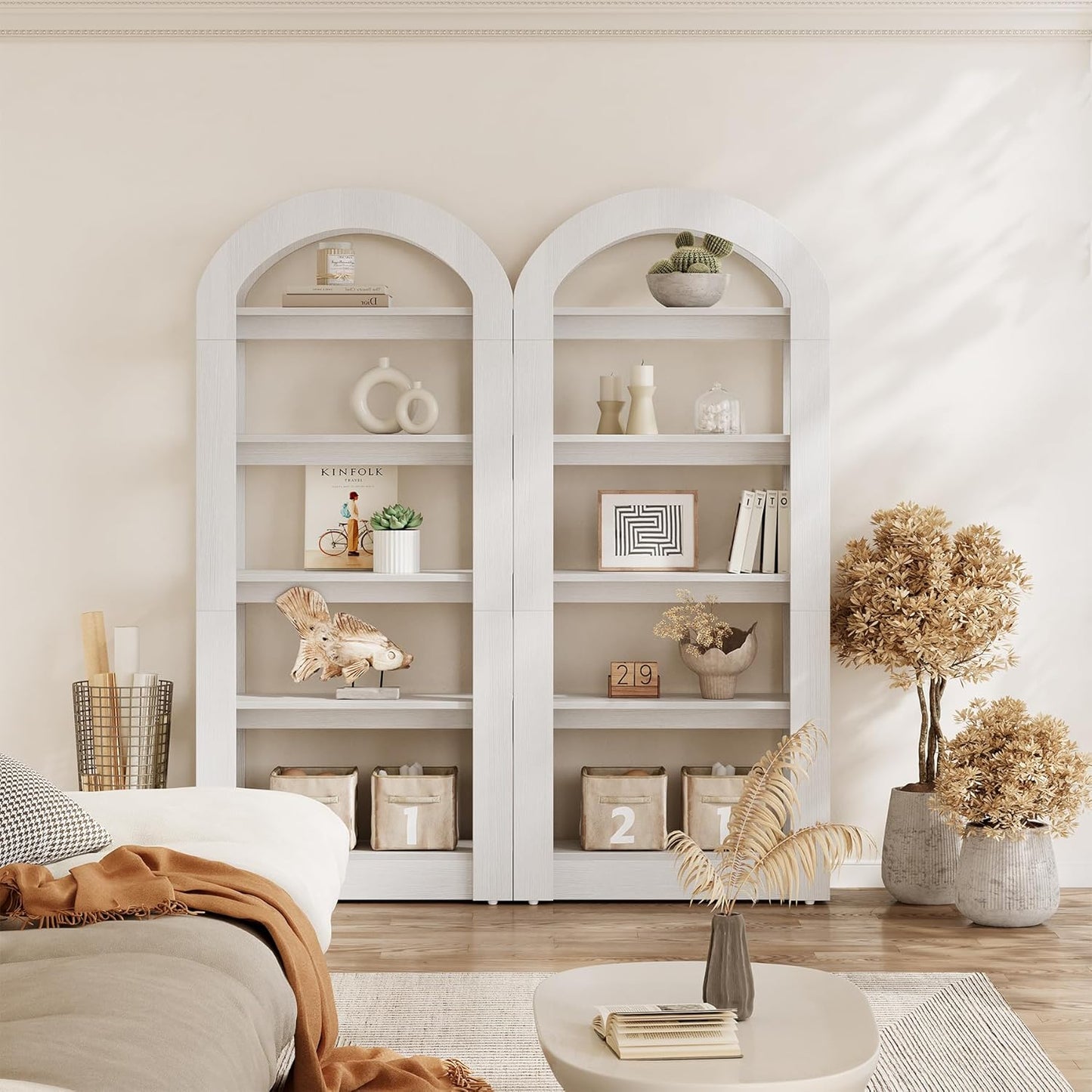 LITTLE TREE 5-Tier Bookshelf, Arch-Shaped Racks, Tall Standing Wooden Bookcase Display Shelf Modern Storage Solution (2, White)