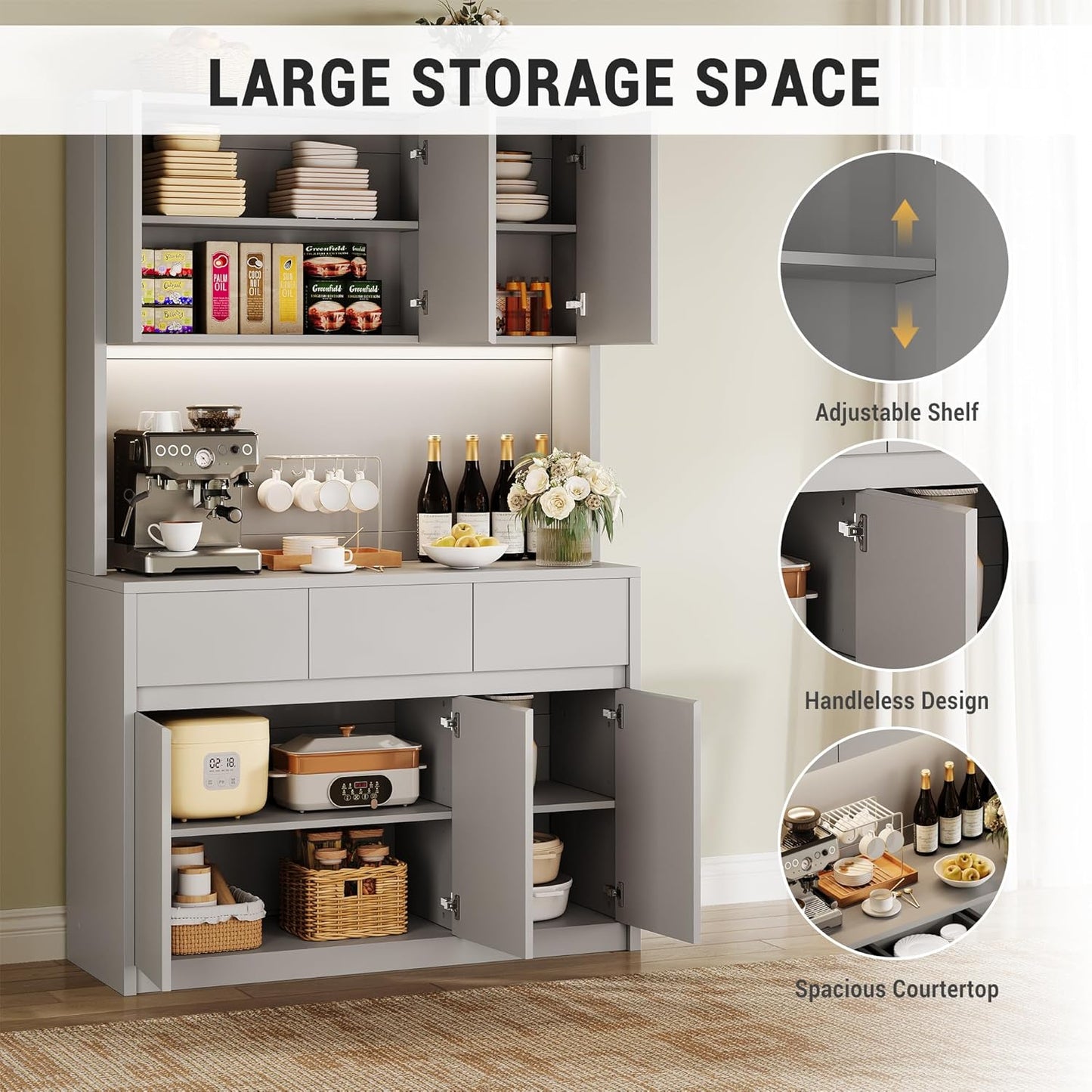 Garvee Kitchen Pantry Storage Cabinet, Tall Storage Cabinet with Doors and Shelves, Kitchen Storage Hutch with Microwave Stand, Led Lights and Charging Station,Corner Pantry Cabinet,Grey