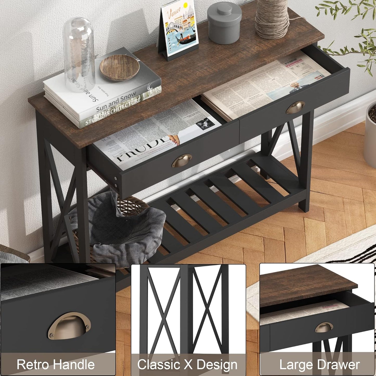 ChooChoo Farmhouse Console Table with Drawer for Entryway, Narrow Long Entry Table with Shelf for Living Room, Rustic Vintage Hallway Sofa Table with Stable X Supports, 40 Black