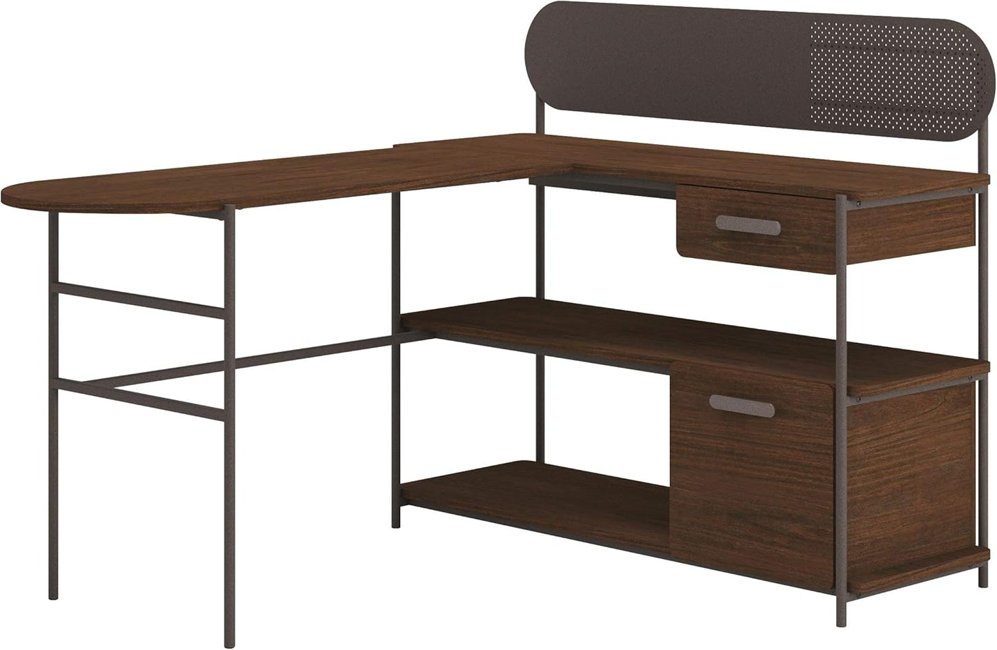 Sauder Radial Modern Metal and Wood L-Shaped Desk, Umber Wood Finish