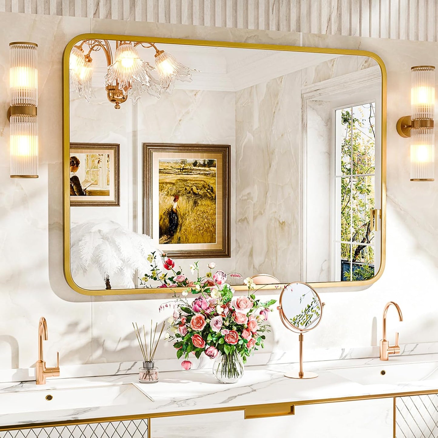 22"×30" Bathroom Mirror for Wall, Modern Bathroom Vanity Mirror, Gold Bathroom Mirrors for Over Sink with Metal Framed HD Tempered Glass Hangs Horizontally or Vertically