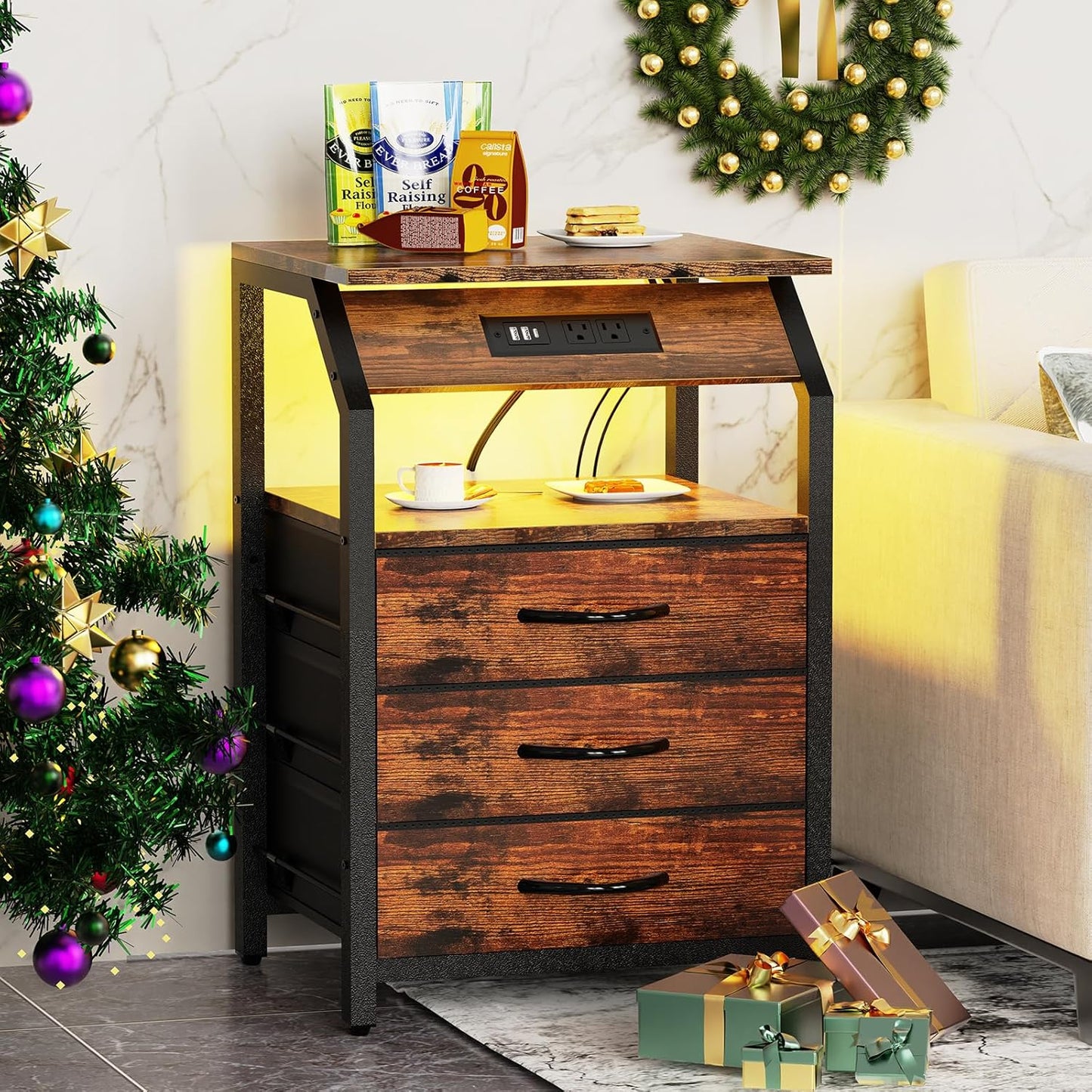 End Tables Set of 2, Nightstands with Charging Station and LED Lights, 3 Drawers Fabric Dresser, Storage Side Tables for Bedside, Living Room, Rustic Brown