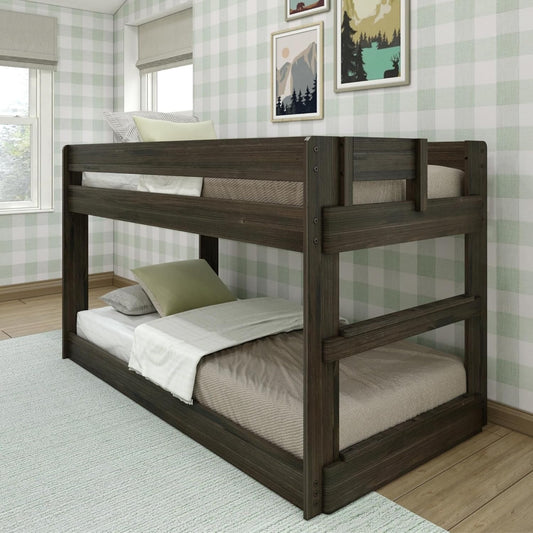 Max & Lily Modern Farmhouse Low Bunk Bed, Twin-Over-Twin Bed Frame For Kids, Barnwood Brown