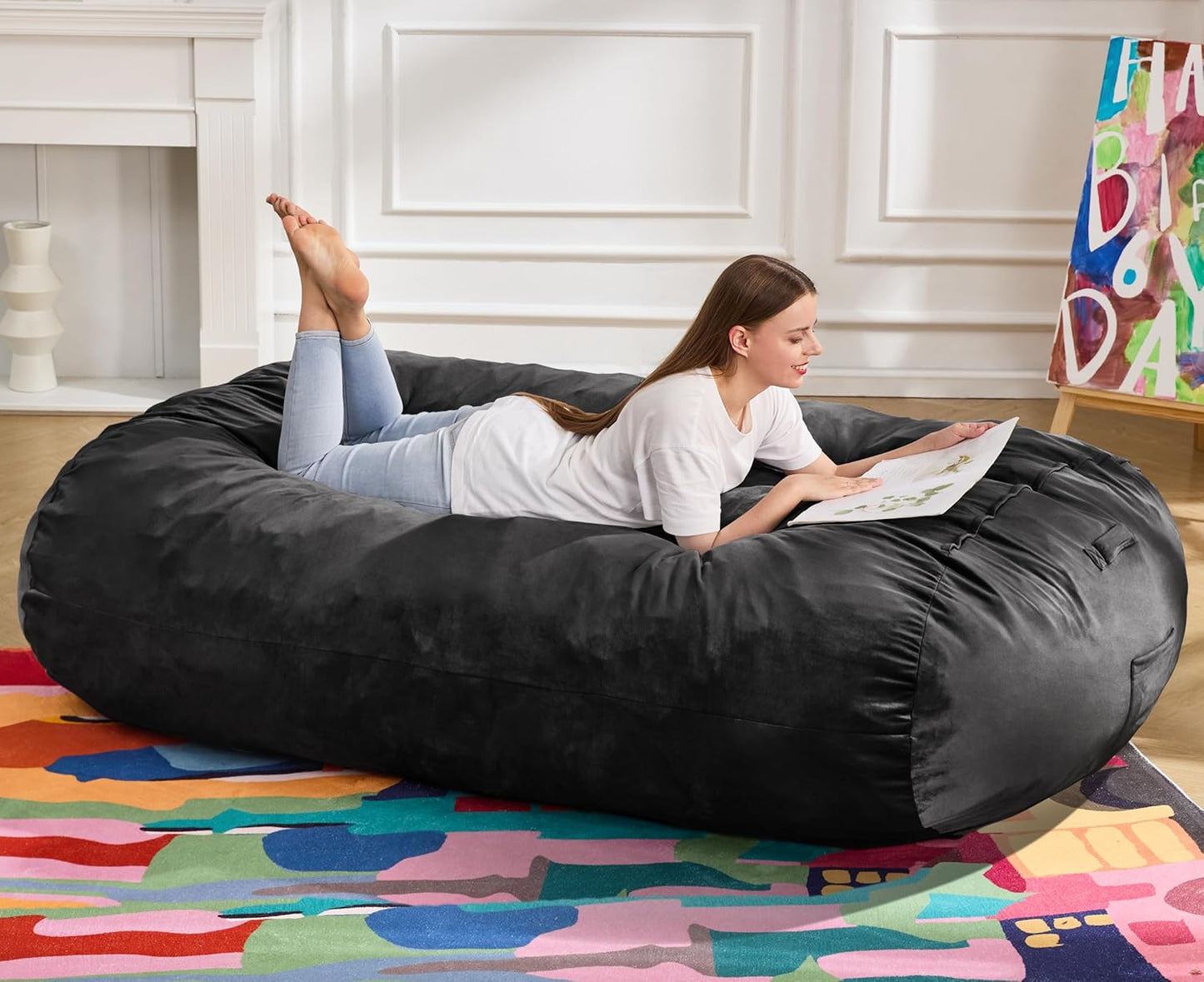 Hobestluk 6FT Bean Bag Chair Large Beanbag Lounger with Removable Cover Adult Bean Bag Chair with Portable Handle Desgin for Living Room Bedroom (Black, 6FT)