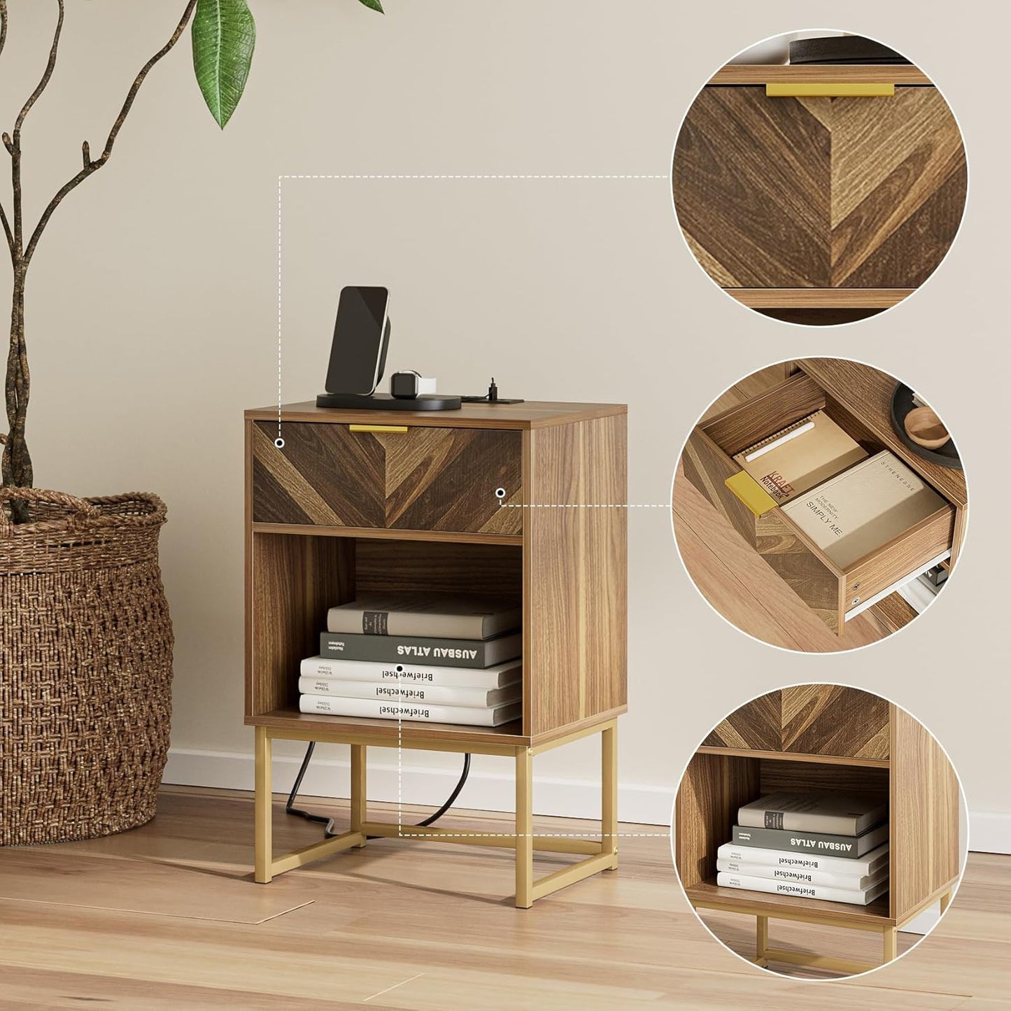 Masupu Nightstand with Charging Station,Modern Night Stand Boho Farmhouse Wood Bedside Table with Storage Drawer Side End Table for Bedroom,Living Room,Office,Walnut Brown with Outlet