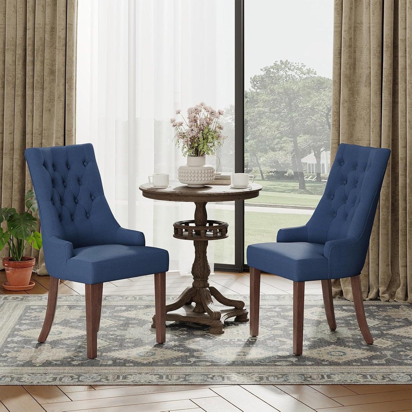 COLAMY Wingback Upholstered Side Dining Room Chairs Set of 2, Fabric Dining Chairs with Tufted Button, Living Room Chairs for Home Kitchen, Blue
