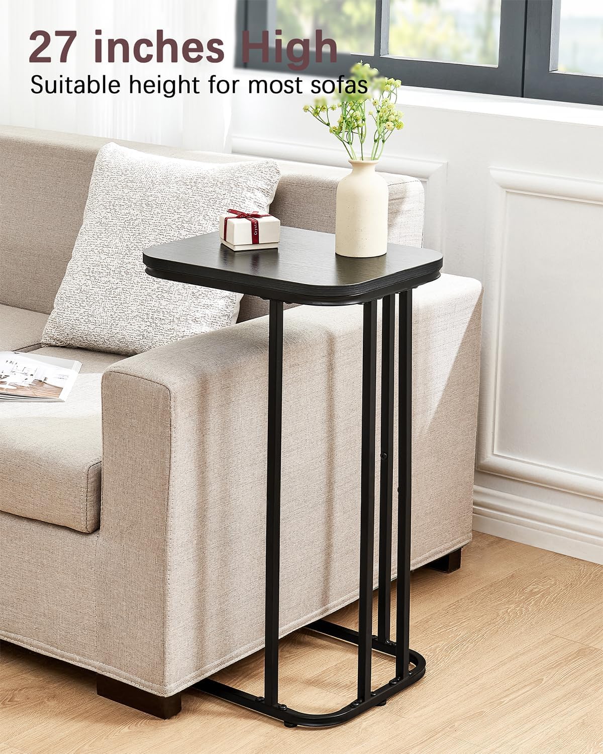 C Shaped End Table, 27 Inches High Small Side Table for Sofa and Bed, Couch Table That Slides Under, Tall Tv Tray Table for Living Room, Bedroom, Metal Frame, Ebony Black