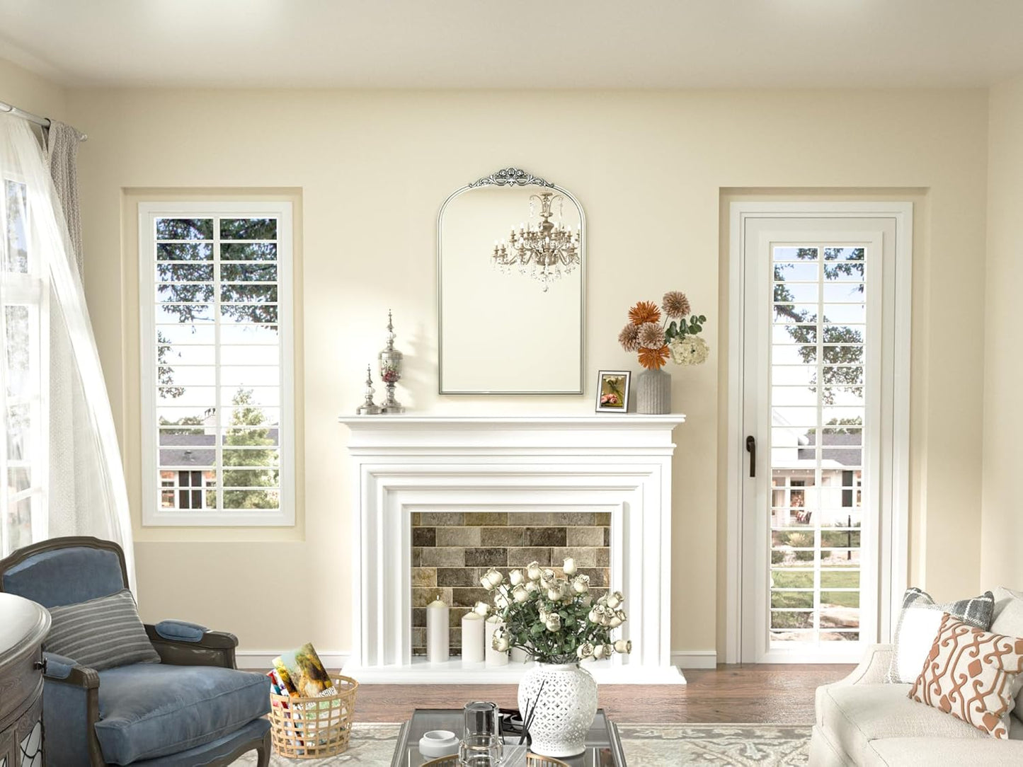 Keonjinn Vintage Arched Mirror for Wall, 20" x 30" Silver Mirror with Metal Frame, Ornate Vanity Mirror, Baroque Arch Mirror, Decorative Brass Mirror for Mantle, Living Room, French Cleat Mounting