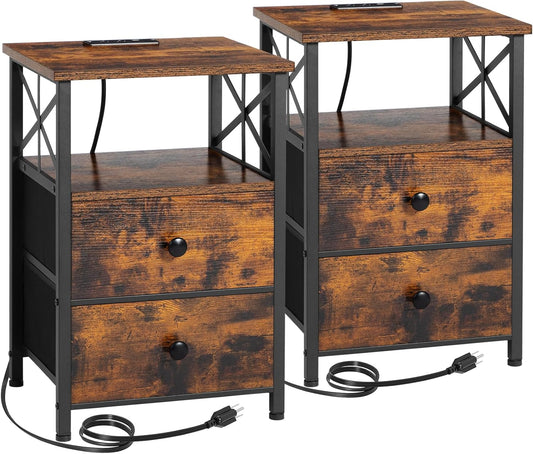 AMHANCIBLE Night Stand Set 2, Nightstand with Charging Station, End Tables Living Room with USB Ports and Outlets, Bedside Tables with Fabric Drawers for Bedroom, Rustic Brown HET05XBR