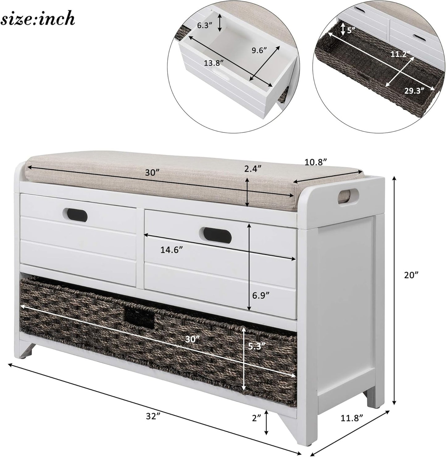 Merax White Classic Wood Entryway Bench with 2 Drawers, Large Rattan Basket and Removeable Seat Cushion for Hallway Front Door, Type 5