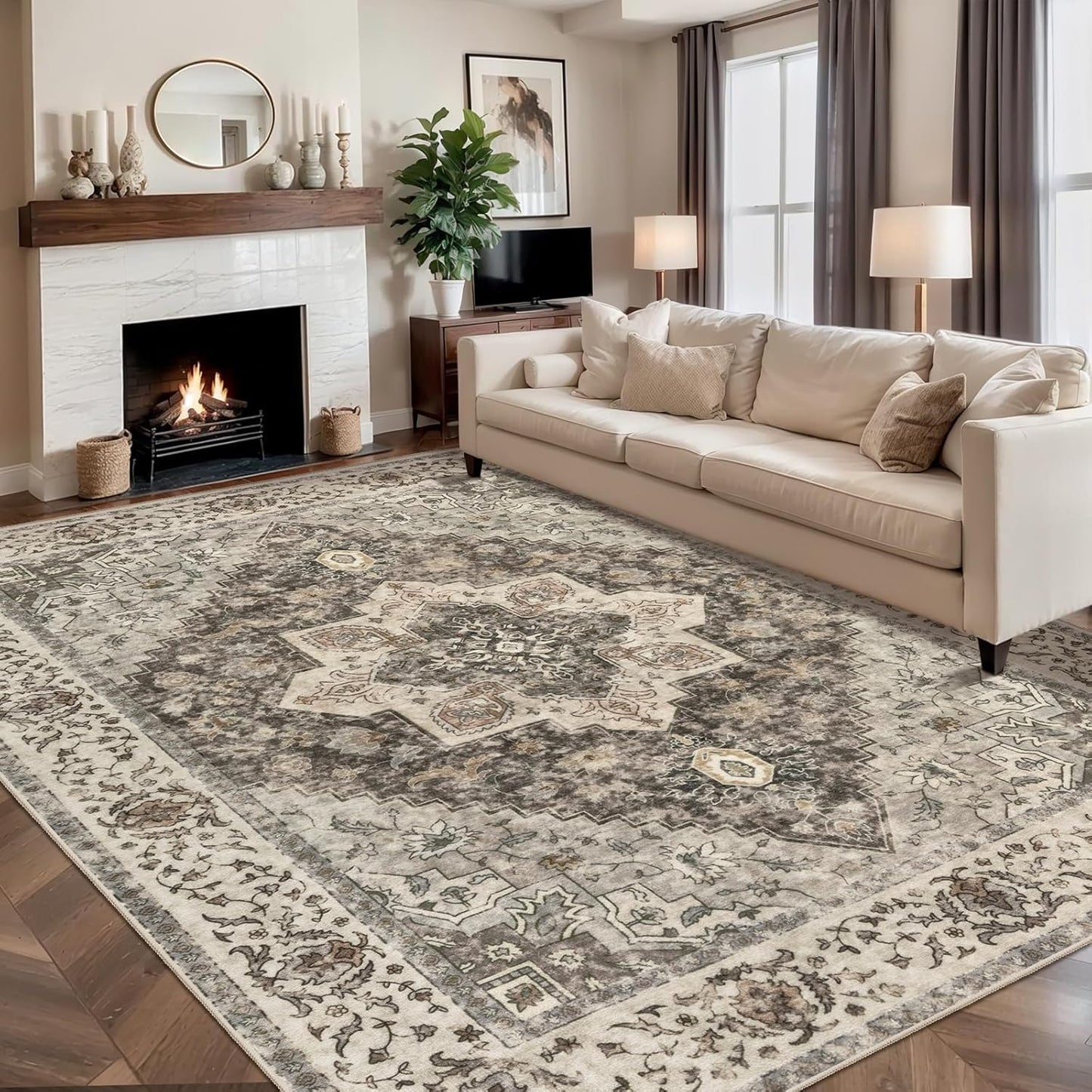 9x12 Vintage Area Rugs for Living Room, Washable Indoor Non Slip Large Area Rugs, Print Distressed Brown Carpet, Soft Low Pile Rug Foldable Floor Rug for Bedroom Dining Room Dorm