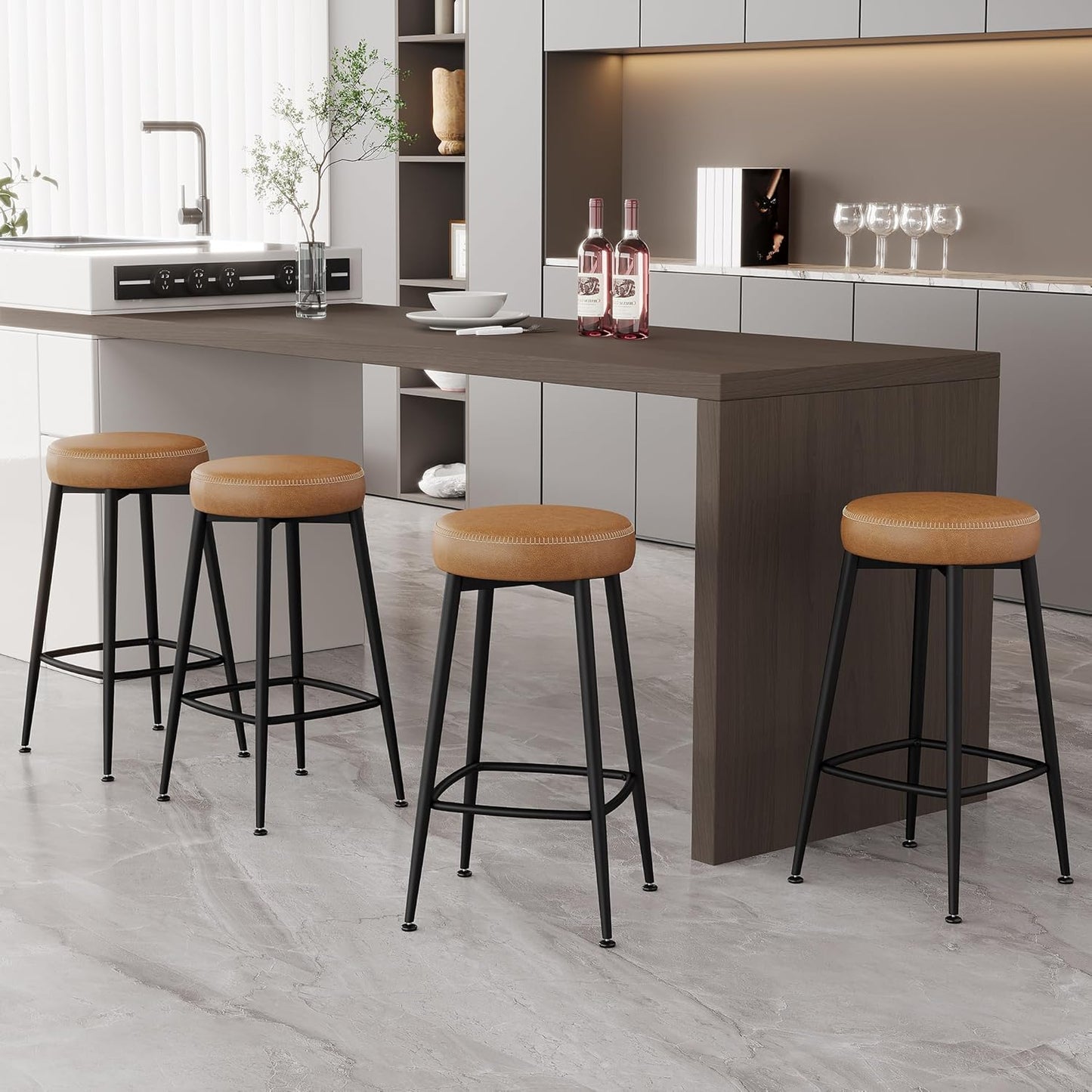 Counter Height Bar Stools, 26" H Backless Bar Stools Set of 4, Upholstered Faux Leather Kitchen Counter Stools, Mid Century Modern, Kitchen Island Home Bar, Pub, Caramel Brown