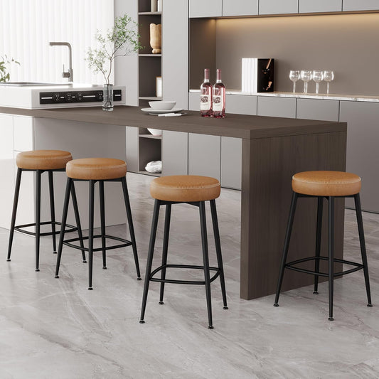 Counter Height Bar Stools, 26" H Backless Bar Stools Set of 4, Upholstered Faux Leather Kitchen Counter Stools, Mid Century Modern, Kitchen Island Home Bar, Pub, Caramel Brown