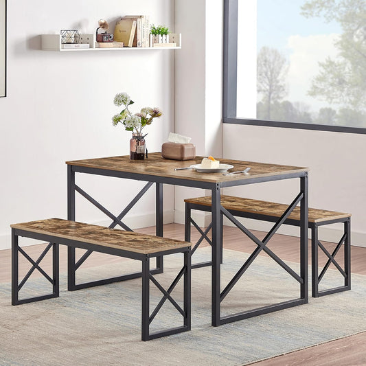 VECELO 43.3 Inch Dining Table Set for 4, Rectangle Dinner Breakfast Dinette with 2 Benches, Thickened Metal Frame & Board, for Kitchen, Living Room, and Small Space, Rustic Brown