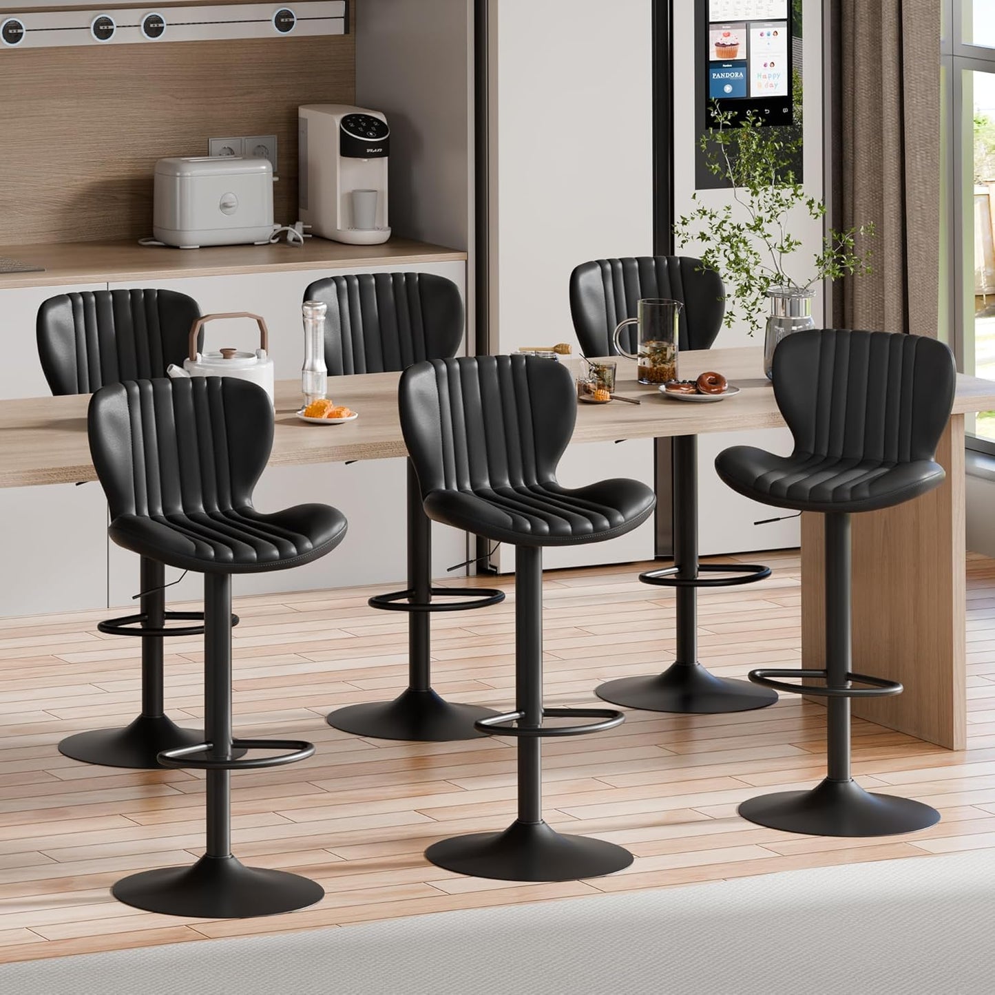 Shintenchi Bar Stools Set of 6 Modern Swivel Bar Chairs, Counter Height Faux Leather Metal Barstools, Upholstered Island Chairs with Back and Footrest, Black