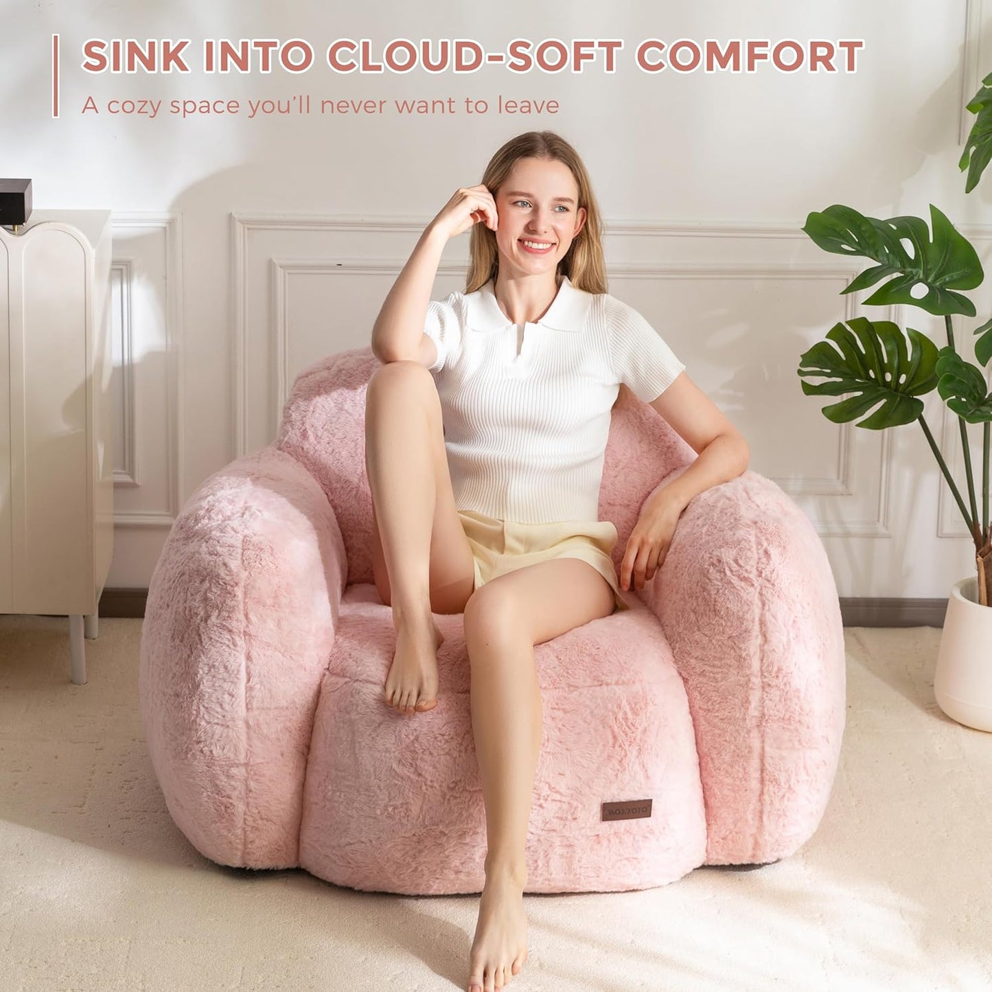 MAXYOYO Bean Bag Chair, Comfy Pebble Shaped Single Bean Bag Sofa for Adults, Stuffed Floor Sofa with Supportive Backrest & Armrests, Modern Faux Fur Accent Chair for Living Room & Bedroom, Pink