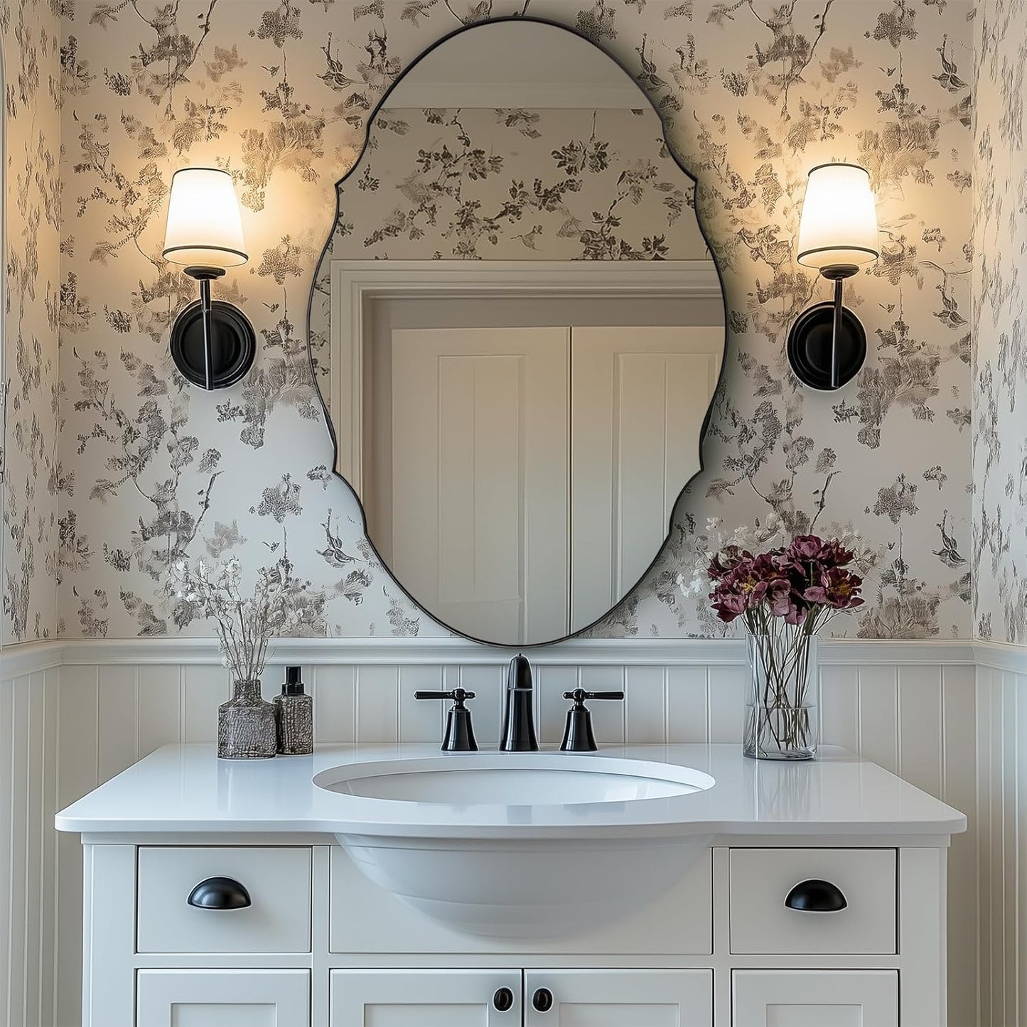 ANDY STAR Scalloped Oval Mirror for Bathroom, 24x36 Inch Matte Black Wall Vanity Mirror for Living Room,Fireplace, Rustproof Stainless Steel Metal Frame, Hang Vertical or Horizontal