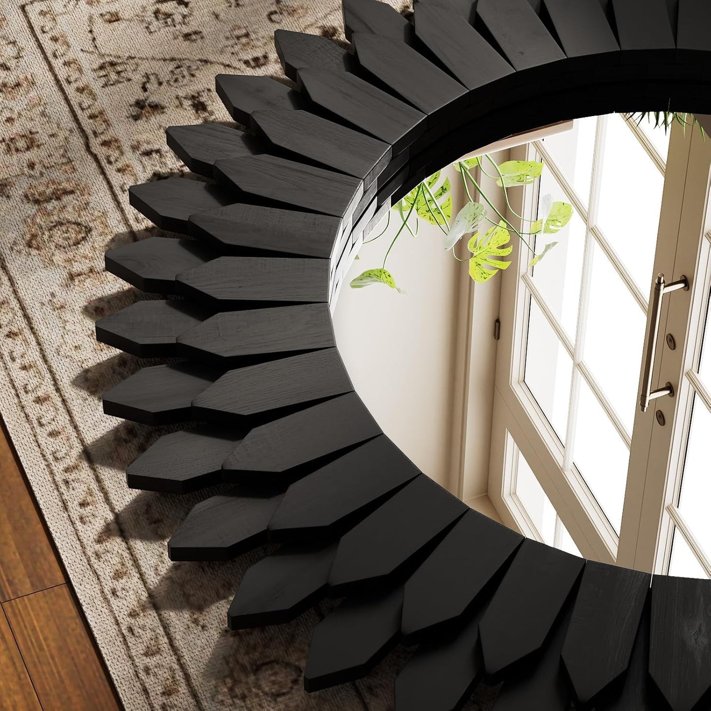 24 Inch Black Boho Wall Decor Sunburst Mirror - Round Wooden Wall Decor, Handmade Rustic Circular Mirror for Living Room, Bedroom, Entryway, Office