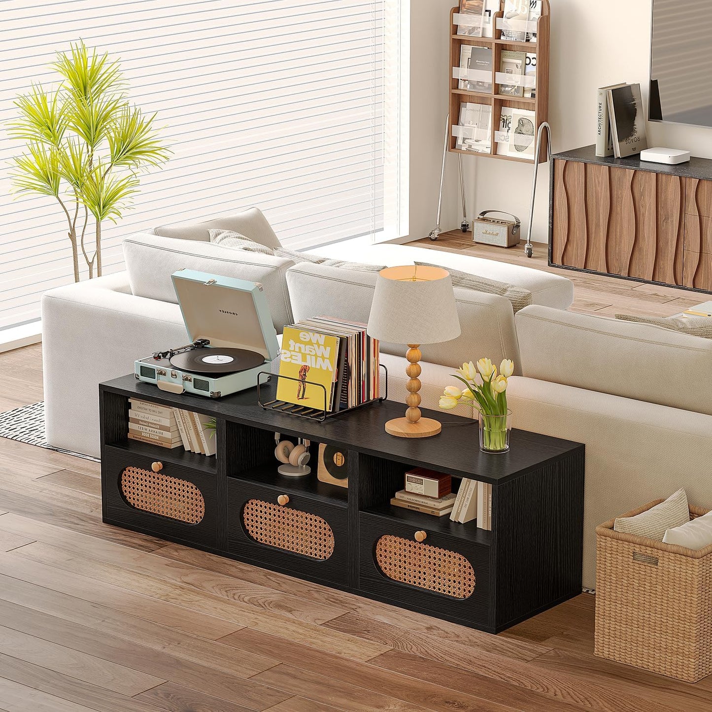 3-in-1 Modular TV Stand with Rattan Doors, DIY Media Console Boho Entertainment Center Modern TV Cabinet with Open Shelves,Black