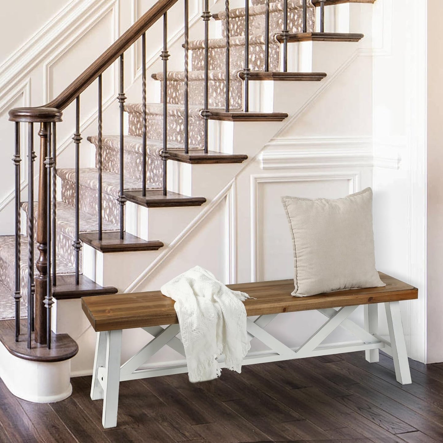 Wnutrees 54" Farmhouse Wood Bench, Rustic Solid Wood Entryway Bench Seat with Double X-Structure for Dining Room, Living Room, Hallway, Structural Stability, White