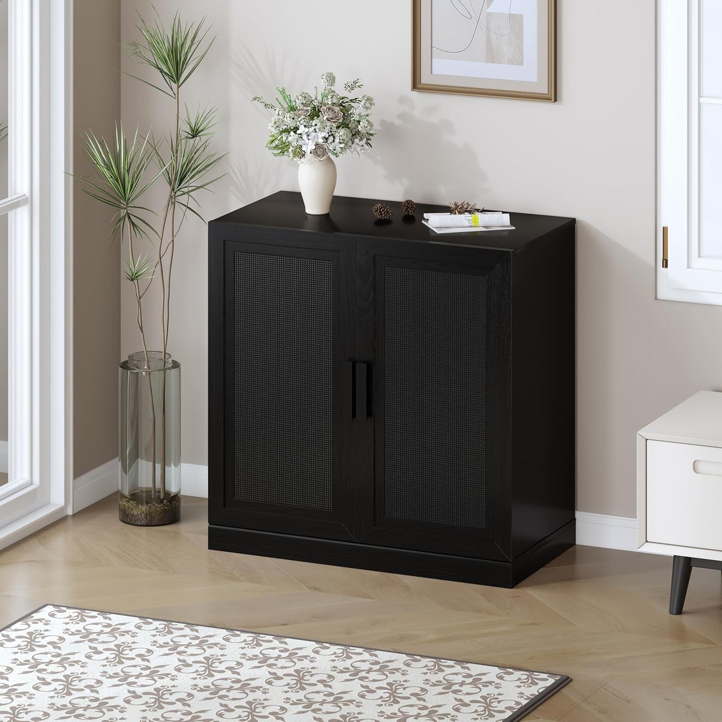 Buffet Cabinet, 2-Doors Sideboard Cabinet with Rattan Panels, Buffet Console Accent Table for Hallway Entryway Dining Room, 31", Black