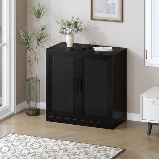 Buffet Cabinet, 2-Doors Sideboard Cabinet with Rattan Panels, Buffet Console Accent Table for Hallway Entryway Dining Room, 31", Black