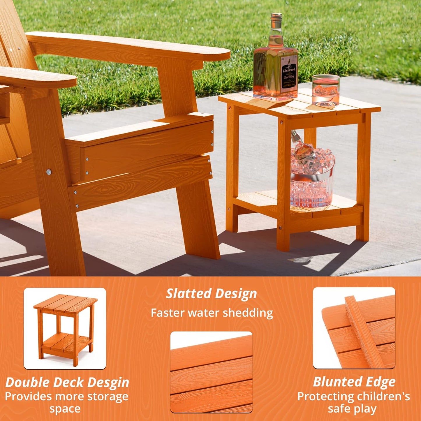 LUE BONA Adirondack Outdoor Side Table, 2-Tier Orange HDPS Patio End Table Weather Resistant, Morden Side Table for Patio, Pool, Porch