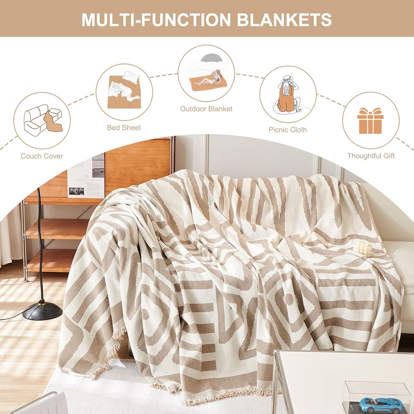 STACYPIK Boho Khaki White Cream Sofa Cover for Sofas Chenille Triangle Couch Cover Reversible Furniture Covers for 3-4 Cushion Couch L Shaped Couch Cover for Dogs Cats Non-Silp Loveseat Cover-91X150IN