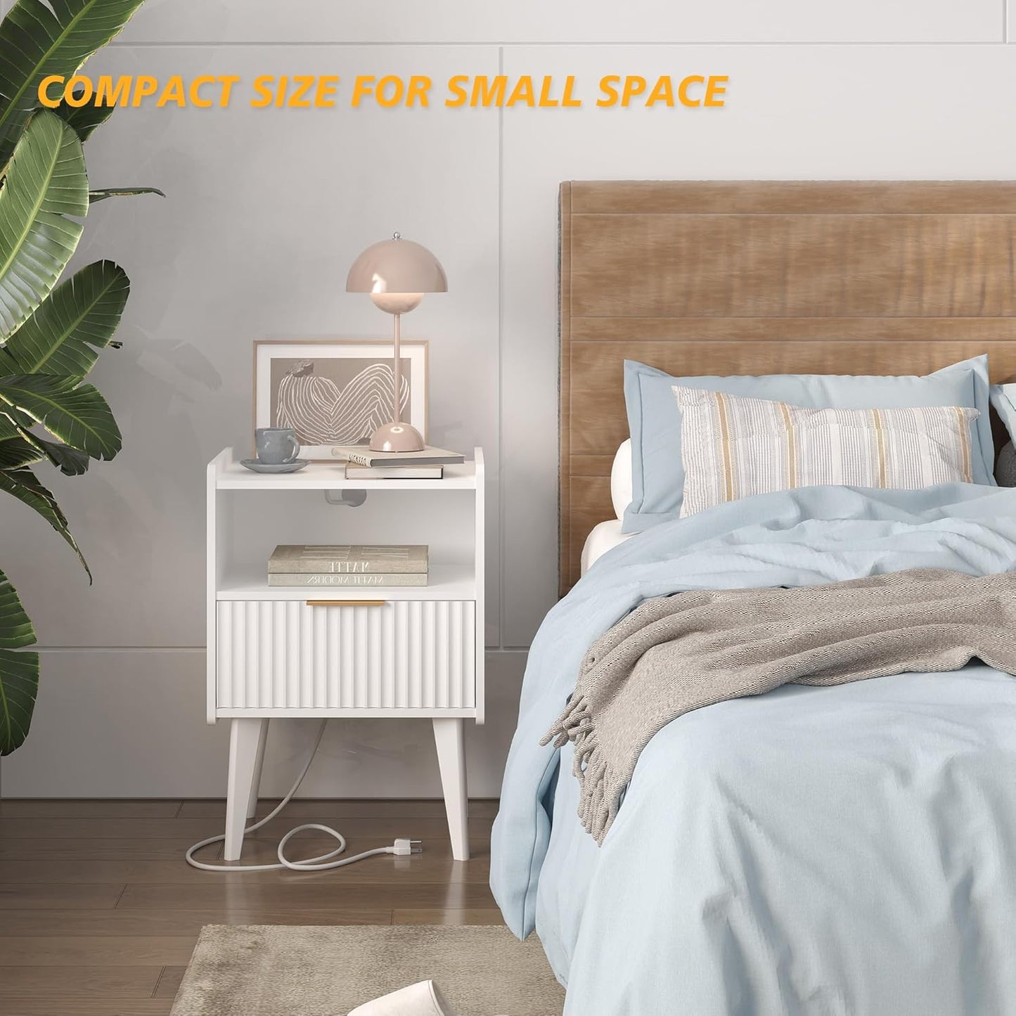 Fluted Nightstand with Charging Station, Modern Bedside Table with Drawer,White Nightstand with Solid Wood Legs, End Table,Side Table for Living Room,Bedroom White CTG57WE