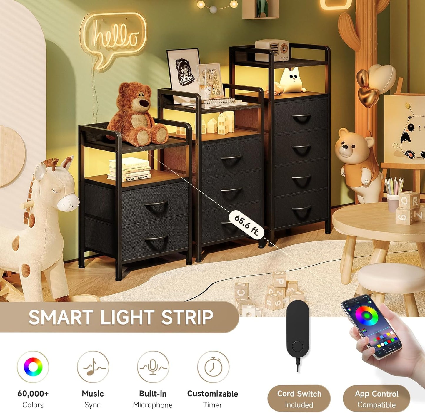 Night Stand Bedside Table Bedroom - Tall Nightstand with Charging Station & LED Light Strip, Bed Side Table with Storage Shelf & 4 Fabric Drawers, 2 U-S-B Ports & 2 AC Outlets