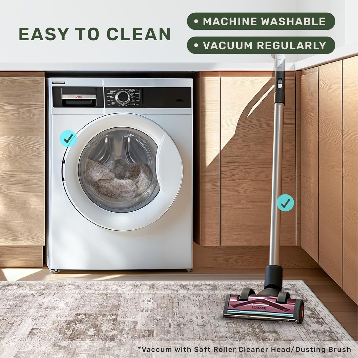 Boho Long Bathroom Runner Rug 24 x 72 Washable Non Slip - Soft Stain Reistant Rugs for Kitchen, Laundry Room, Hallway Runner - Neutral Floral Design Décor (2x6 Beige/Latte)