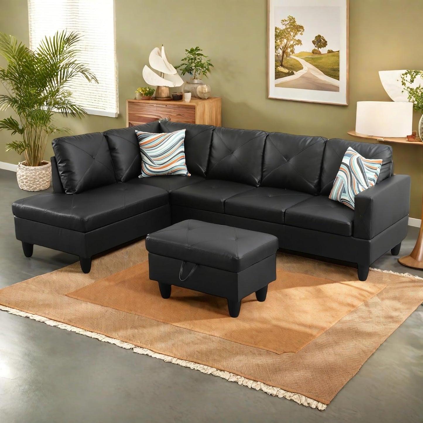 L-Shaped Sectional Sofa with Ottoman, Color Blocking Flannel Leather Right-Facing Modern Couch for Living Room, Bedroom, Office, Black Stripe