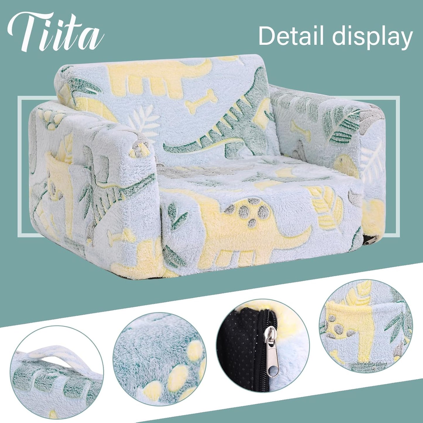 Tiita Kids Sofa, 2-in-1 Kid Sofa, Convertible Children Couch to Lounger, Flip Out Kids Chair, Glow in The Dark Toddler Armrest Chair Bed for Girl or Boy (Grey Dinosaur)