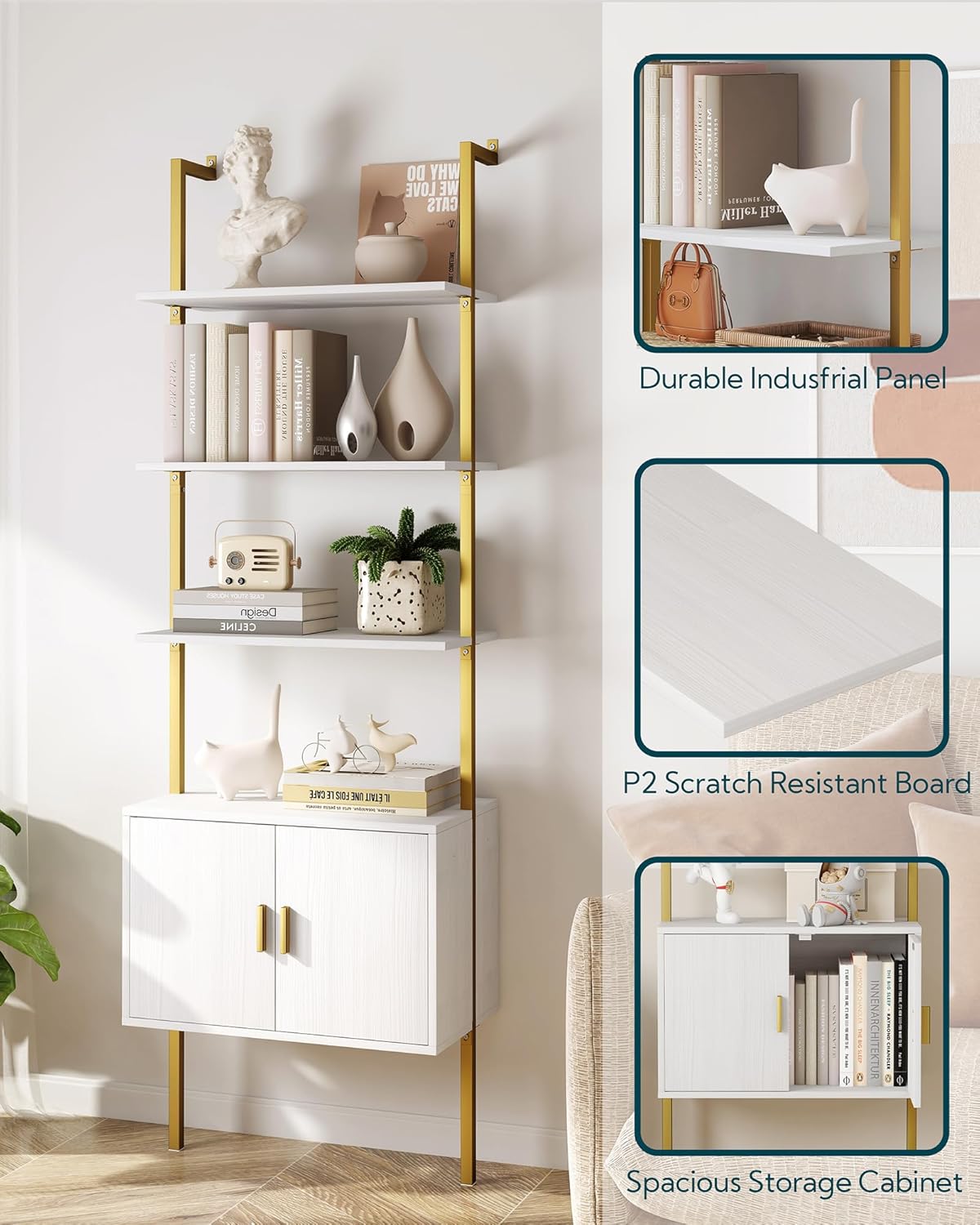 Yusong 73" Tall Bookshelf with Cabinet, Industrial Ladder Wall Mount Shelf Bookcase with Wood and Metal Frame, Plant Shelf Wall Storage Display for Living Room Bedroom, White Gold