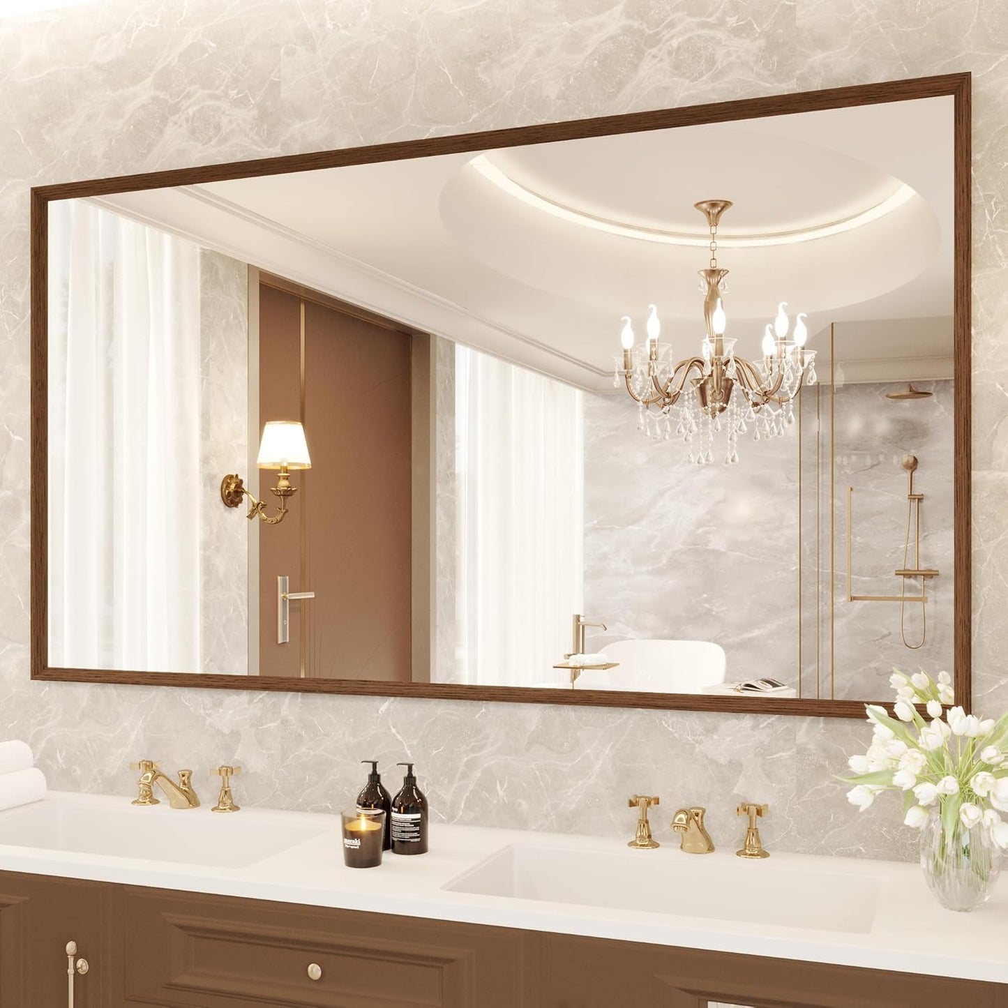 Rectangle Walnut Bathroom Mirror 55x30 Inch, Anti-Rust 4MM Tempered Glass, Modern Vanity Mirror for Bathroom, Horizontal or Vertical Wall Mount