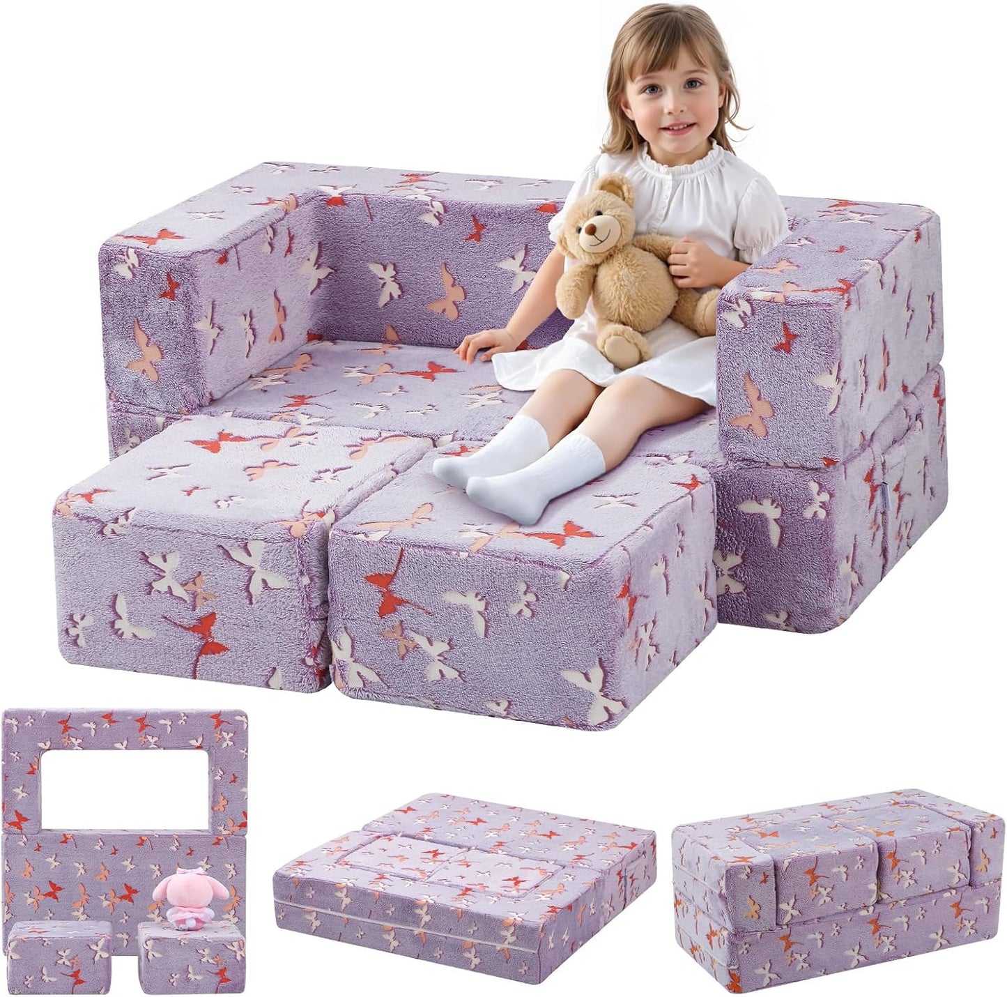 MeMoreCool Modular Kids Couch, Glow Play Toddler Couch for Bedroom Playroom, Convertible Foam Kids Sofa Bed, Fold Out Baby Sofa for Girl Boy, Butterfly