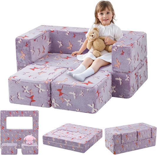 MeMoreCool Modular Kids Couch, Glow Play Toddler Couch for Bedroom Playroom, Convertible Foam Kids Sofa Bed, Fold Out Baby Sofa for Girl Boy, Butterfly