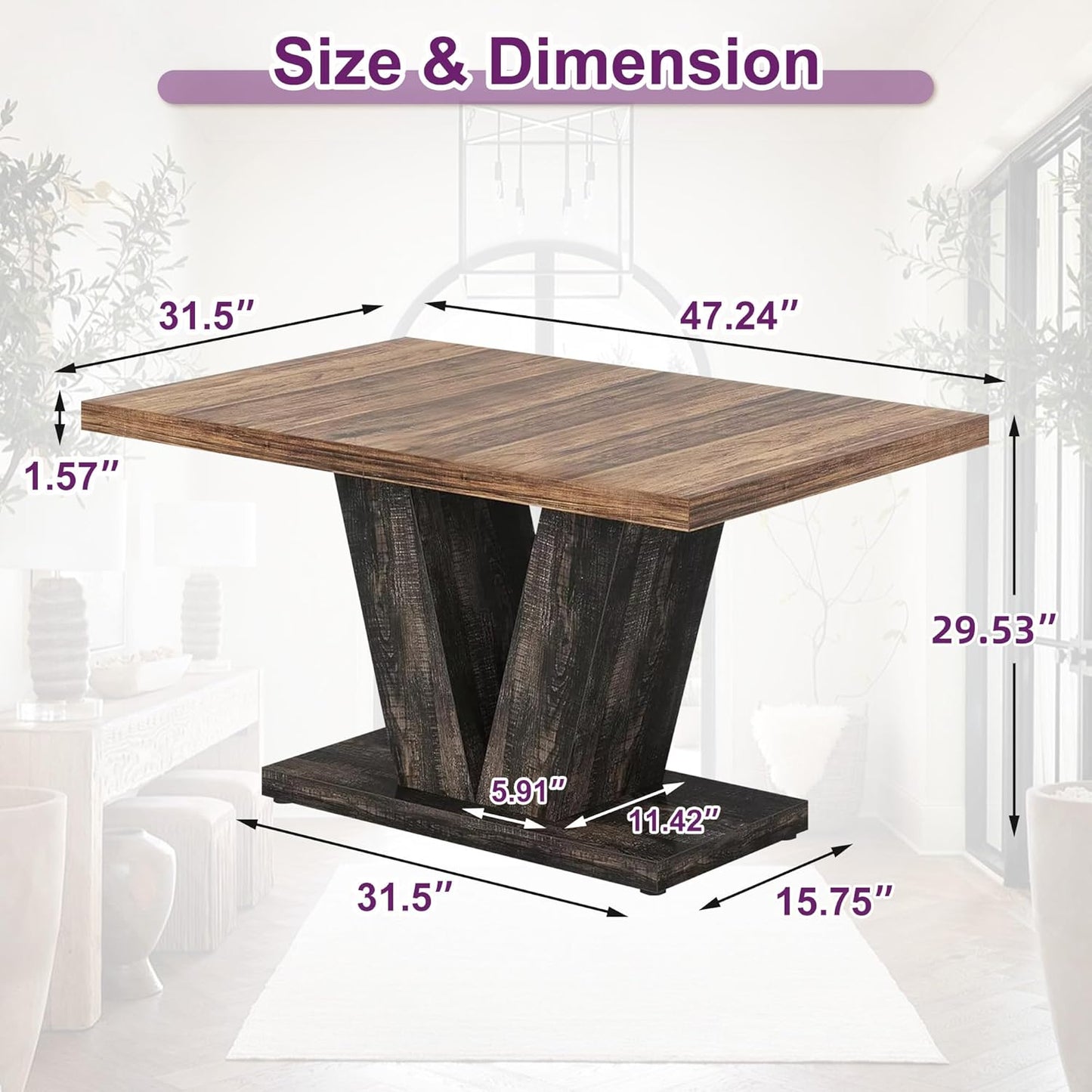 47" Dining Table, Wooden Kitchen Dinner Table Heavy Duty, Farmhouse Table for Dining Room, Living Room Space Saving, Black