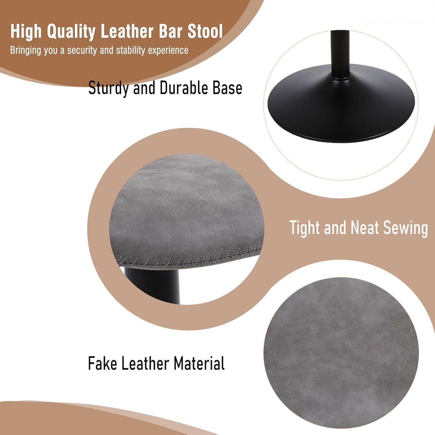 Bar Stools, Swivel Counter Height Barstools with Back, Adjustable Modern Bar Chairs, Tall Armless PU Leather Kitchen Island Stool (Grey, Set of 2)