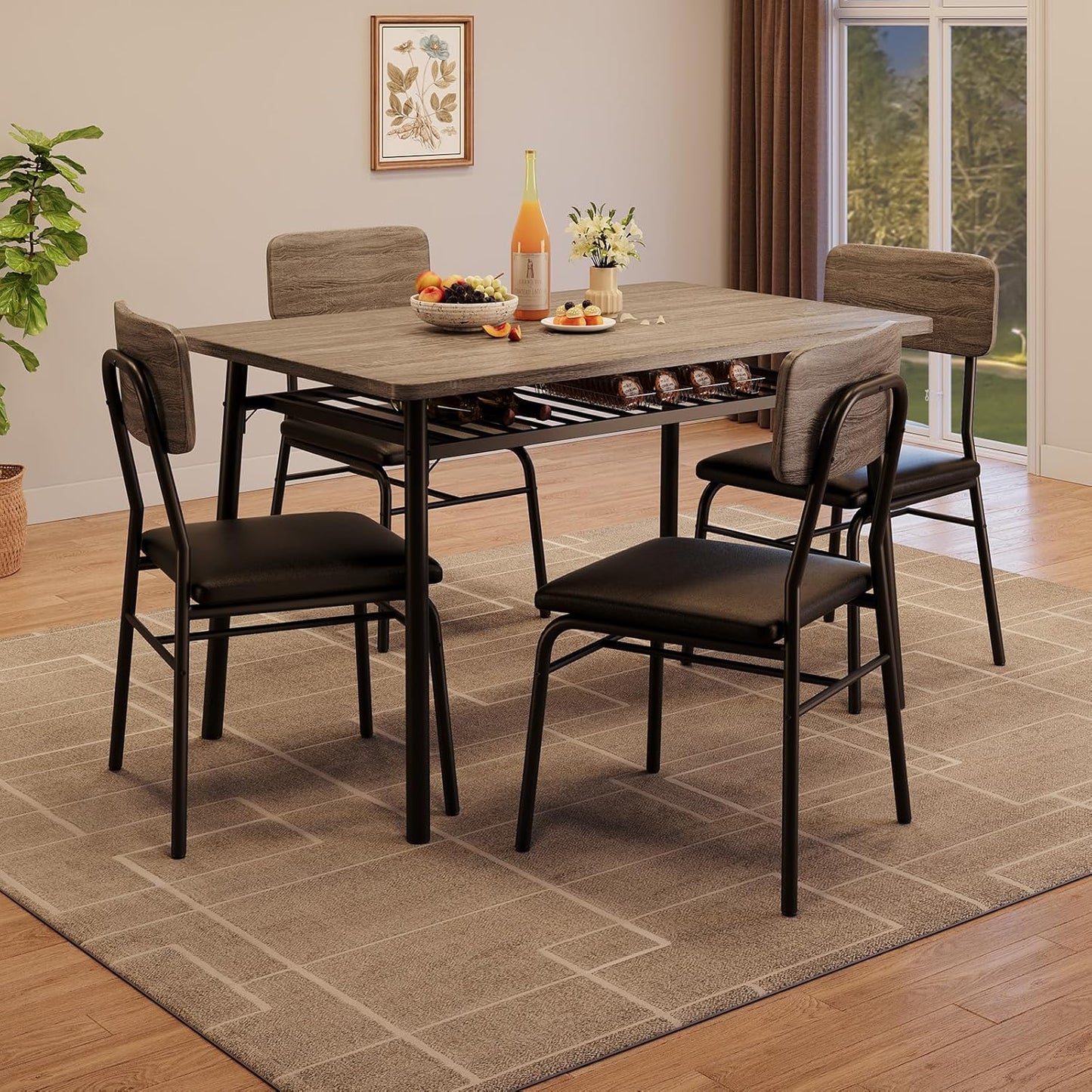 5-Piece Dining Table Set for 4, Wood Kitchen with Built-in Storage Rack, Small Kitchen Table with Upholstered Chairs and Metal Frame for Small Spaces, Gray