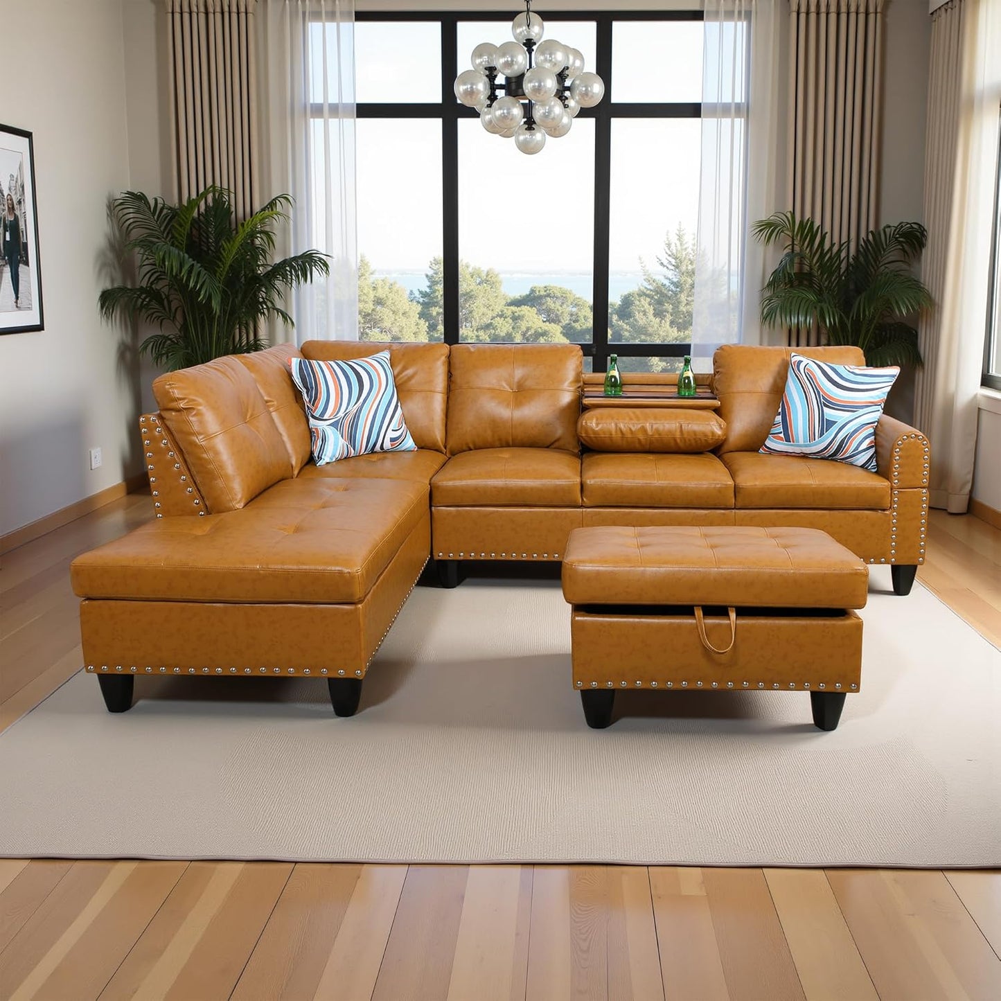 97.5" Oversized Sectional Couch, L Shaped Couch with Storage Ottoman, Modern Modular Sofa with Deep Seat, Sectional Couches for Living Room and Office, Ginger (PU Leather)