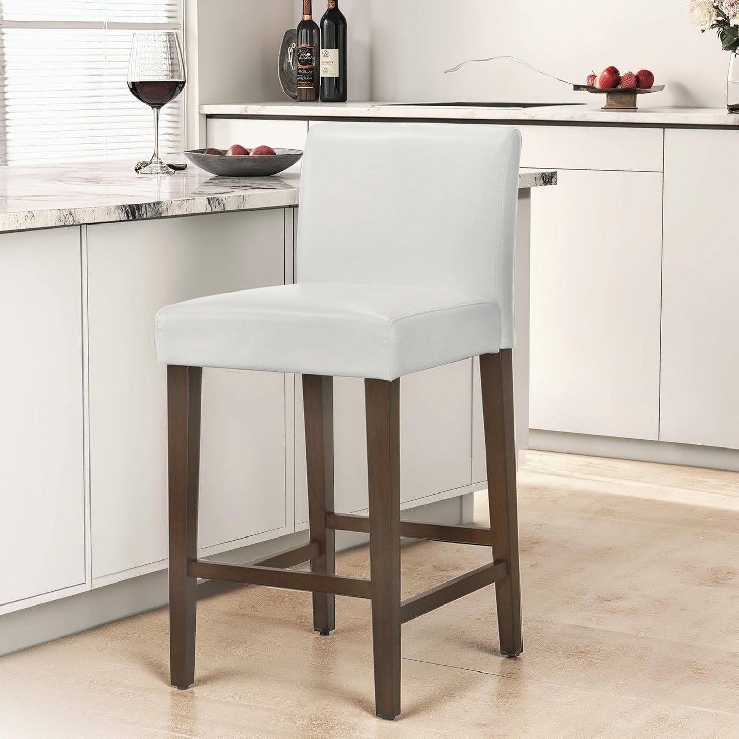 CHITA Counter Height Bar Stools Set of 2, 27" H Seat Height Upholstered Barstools, PU Leather in White