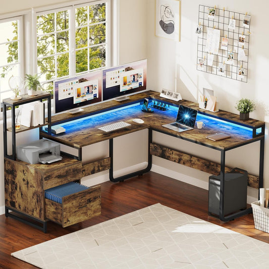 DWVO L Shaped Desk with Drawers, Reversible Computer Desk with Power Outlets, Corner Office Desk with Storage Shelves & LED Lights & Printer Stand, Rustic Brown