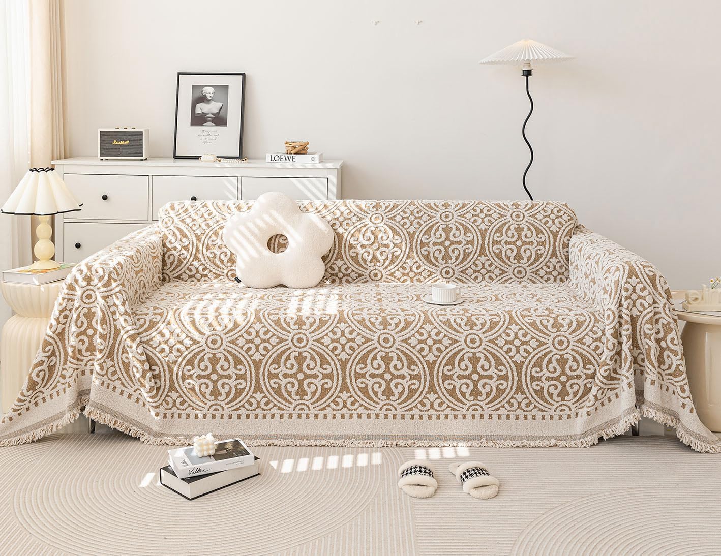 STACYPIK Modern Khaki Jacquard Couch Cover French Style L-Shape Sofa Protector for 3-Cushion Couch, Washable, Stain Resistant, 71x150IN