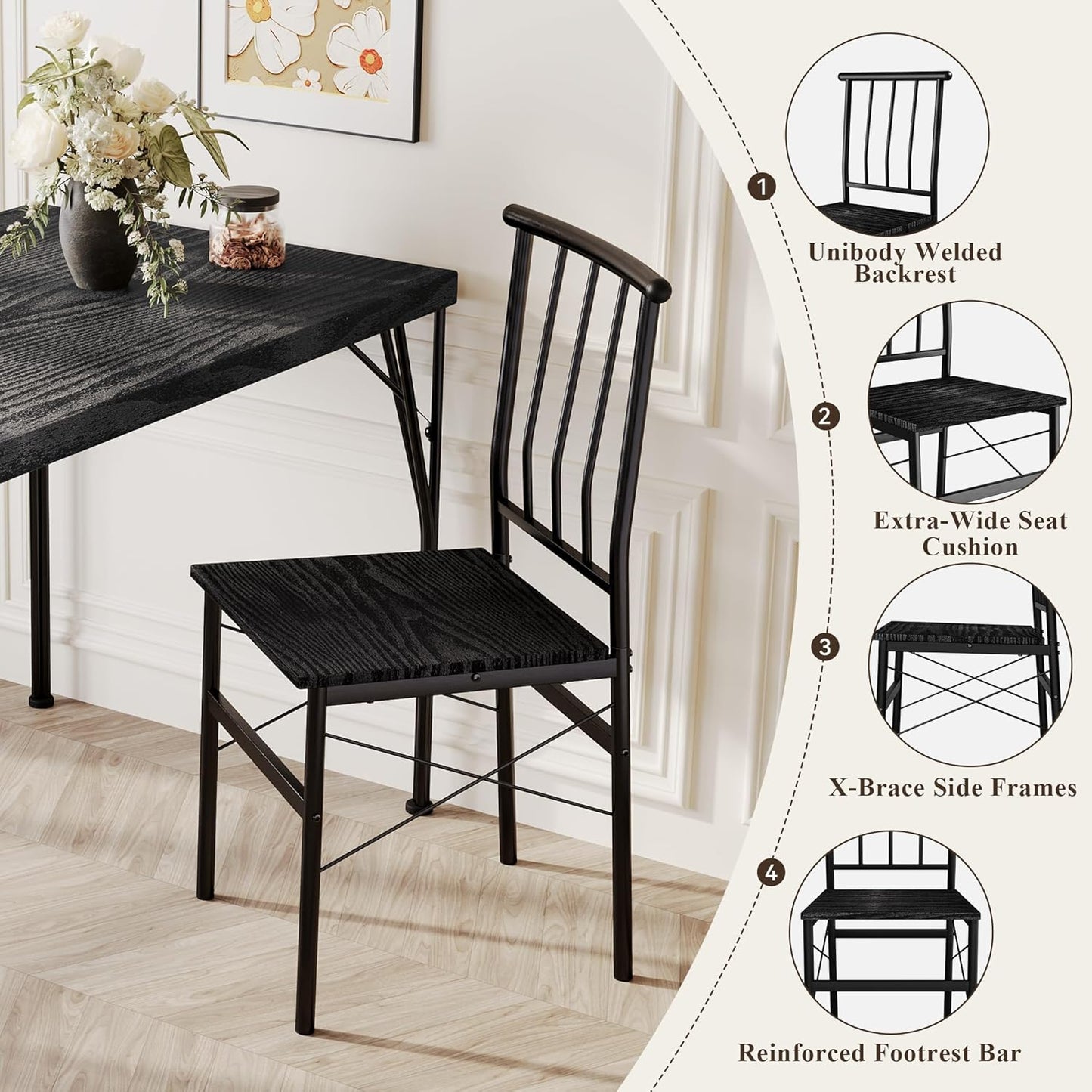 5 Piece Dining Table Set with 1.6" Thick Desktop, Modern Metal&Wood Kitchen Dinner Table with 4 Chairs, Dining Room Table Sets for Small Spaces, Black