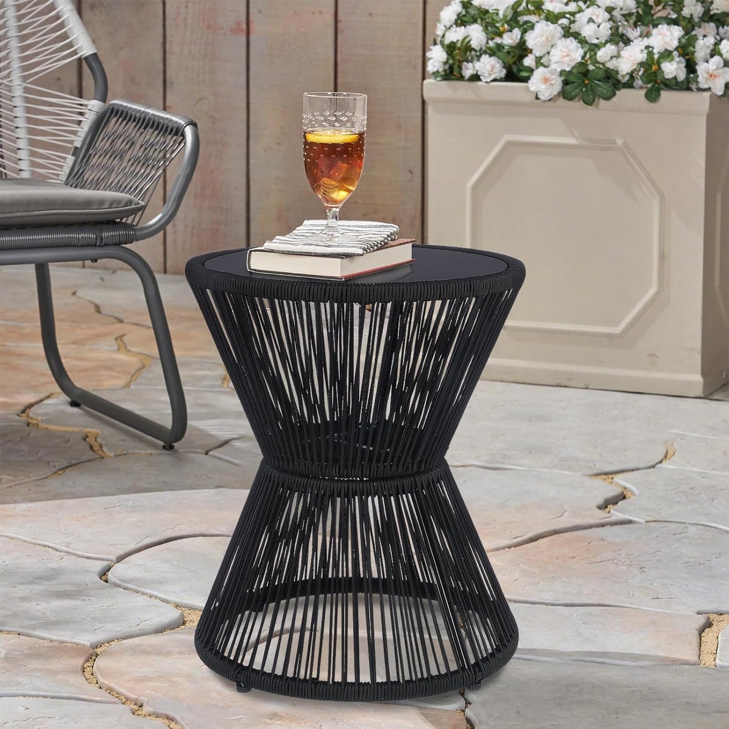 LEWIS&WAYNE Small Outdoor Side Table Patio 20’’ H Woven Rope Hourglass End Table with Glass Top Round Coffee Table for Living Room Outdoor Patio Backyard Poolside(Black)