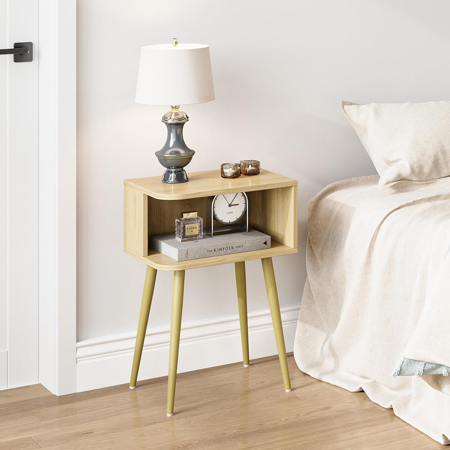 Natural Nightstand Set of 2, Small Bed Side Table for Small Spaces, Mid Century Modern Nightstand End Table with Open Storage, Side Table for Bedroom Living Room, MLBZ20Y-2