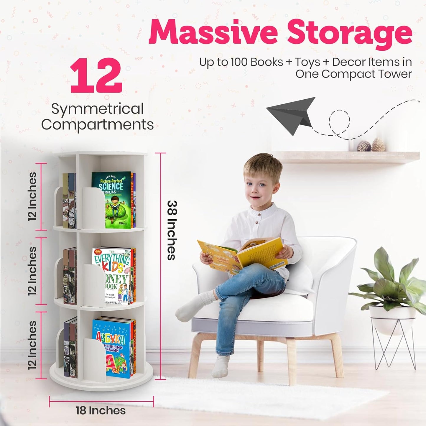 Rotating Kids Bookshelf – 3-Tier 360° Spinning Bookcase Tower, Solid Pine Wood, 12 Cubbies, Toddler Bookshelf Organizer & Lazy-Susan Storage for Nursery, Classroom or Playroom (White Finish)