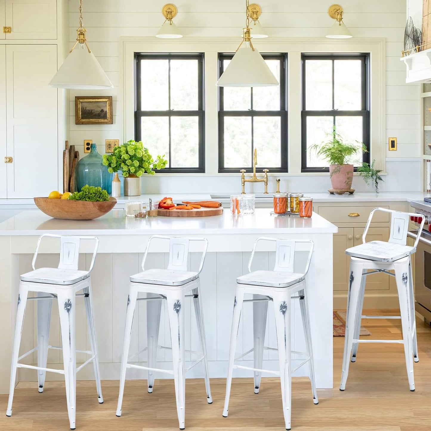 26 Inch Swivel Bar Stools Set of 4 with Backs Counter Height Industrial Metal Barstools Island Bar Chairs for Home Kitchen Dining Room (Swivel 26 inch, Distressed White Wooden)